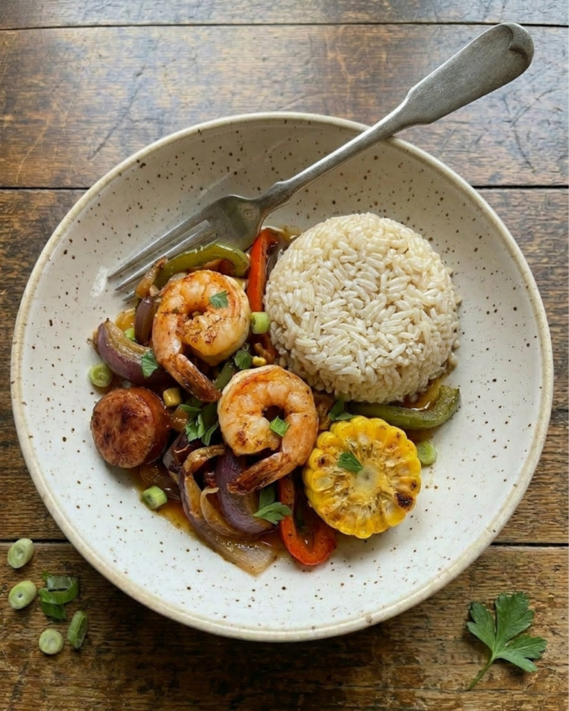 Cajun shrimp, smoked sausage, roasted corn, peppers, and rice served in a bowl with buttery Cajun sauce.