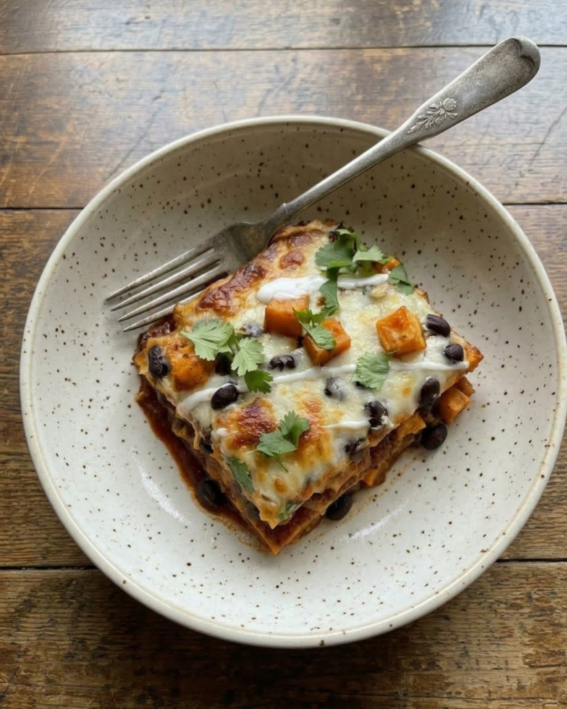 Slice of beef enchilada bake with sweet potatoes, black beans, melted cheese, and cilantro