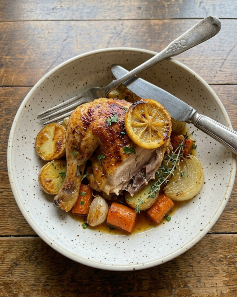 Roasted Cornish hen served with potatoes, carrots, onions, lemon slices, and herbs in a bowl.