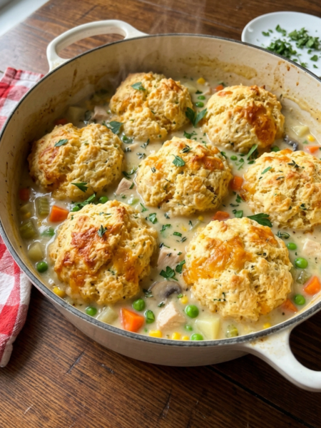 Dutch oven filled with creamy chicken pot pie soup and golden cheddar biscuits.