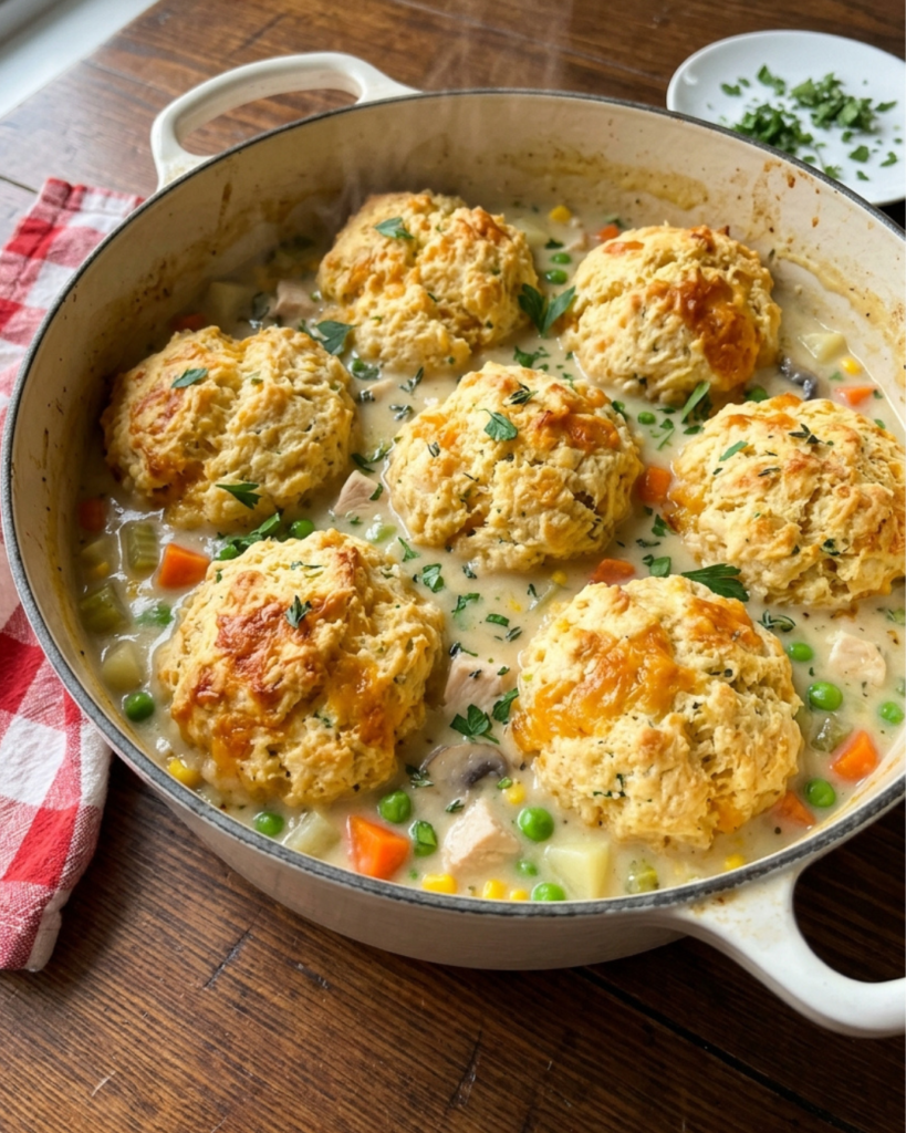 Dutch oven filled with creamy chicken pot pie soup and golden cheddar biscuits.