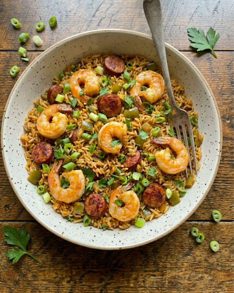 Bowl of Cajun dirty rice with shrimp, sausage, green onions, and parsley.