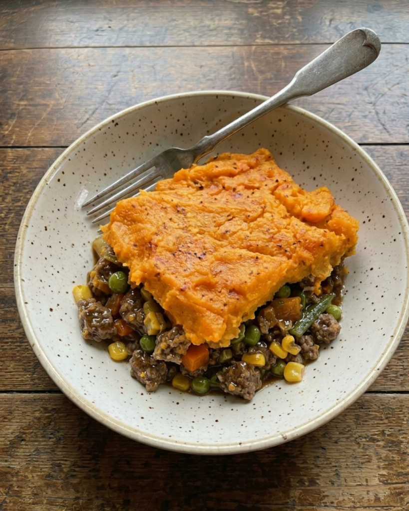 Healthy sweet potato shepherd’s pie baked with ground beef and vegetables