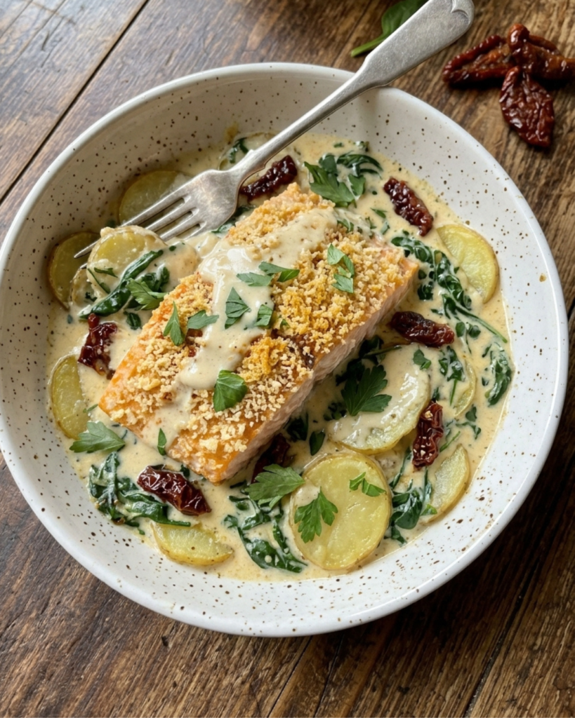 Creamy Tuscan salmon with potatoes, spinach, and sun-dried tomatoes in parmesan sauce.