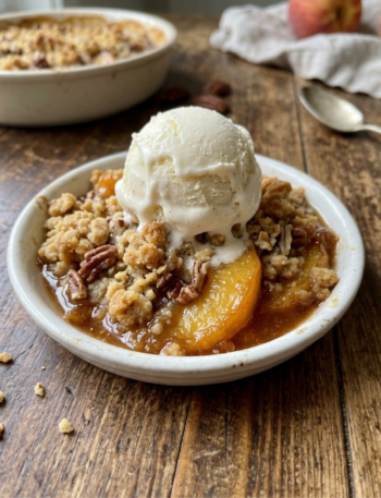 Warm peach crisp topped with vanilla ice cream and pecan crumble.