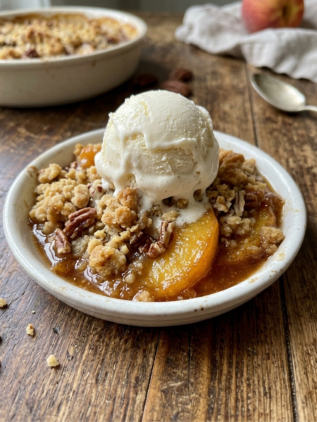 Warm peach crisp topped with vanilla ice cream and pecan crumble.