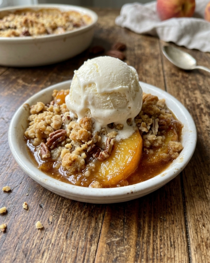 Warm peach crisp topped with vanilla ice cream and pecan crumble.