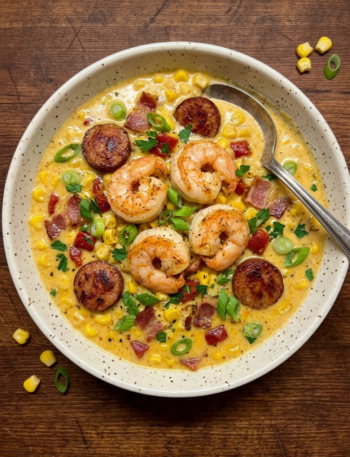 Creamy Cajun corn chowder with shrimp, sausage, bacon, and green onions in a ceramic bowl.