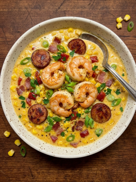 Creamy Cajun corn chowder with shrimp, sausage, bacon, and green onions in a ceramic bowl.