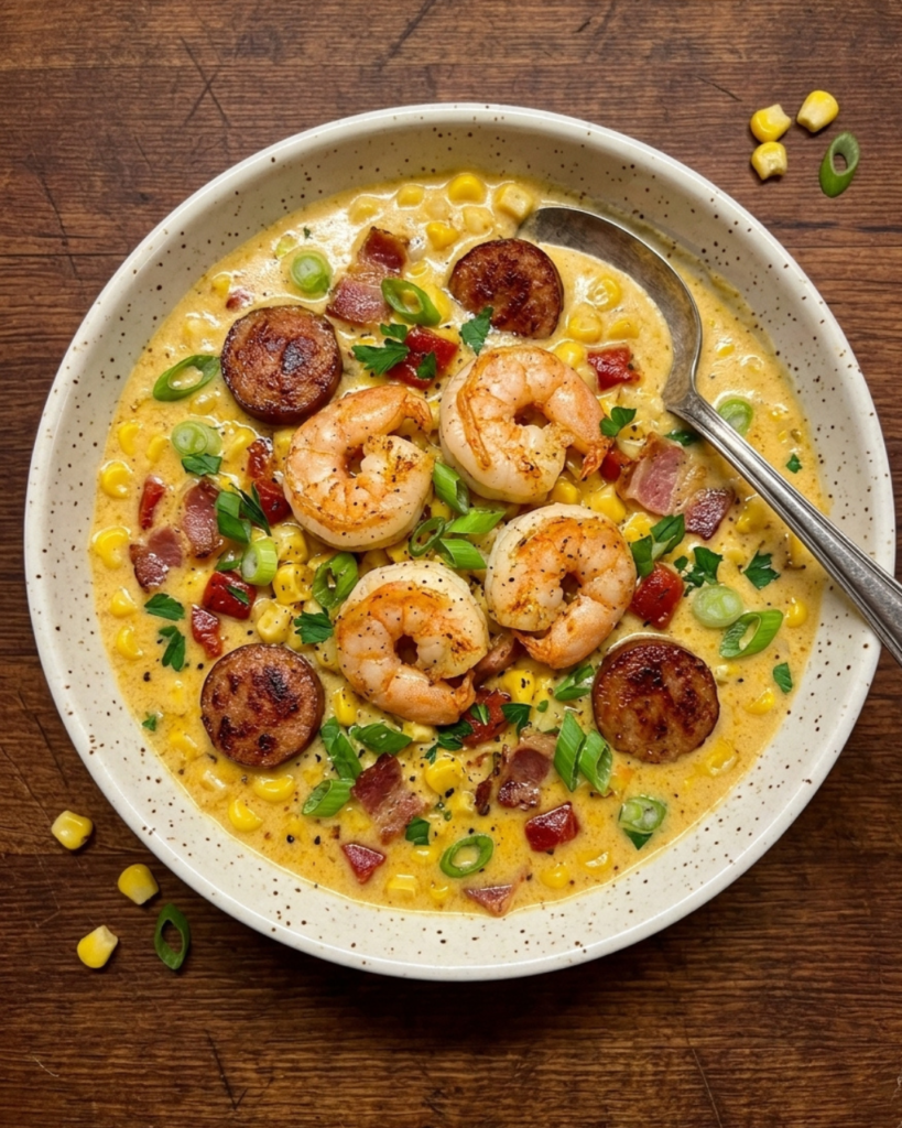 Creamy Cajun corn chowder with shrimp, sausage, bacon, and green onions in a ceramic bowl.