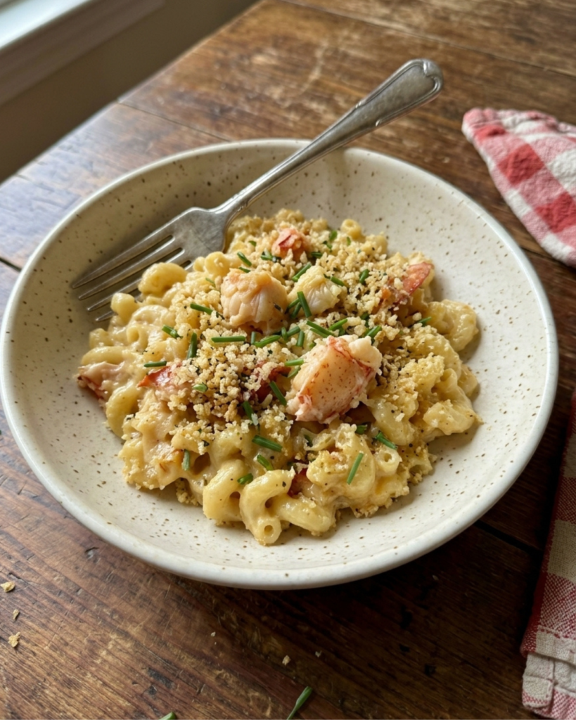 Creamy lobster mac and cheese with crispy panko and chives served in a ceramic bowl.