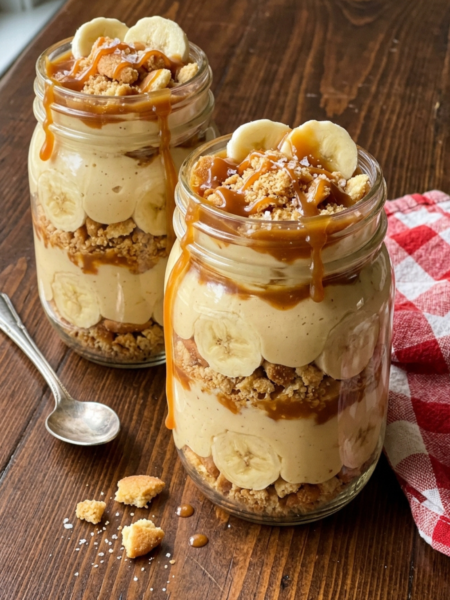 Banana pudding with salted caramel and vanilla wafer crumble in mason jars.