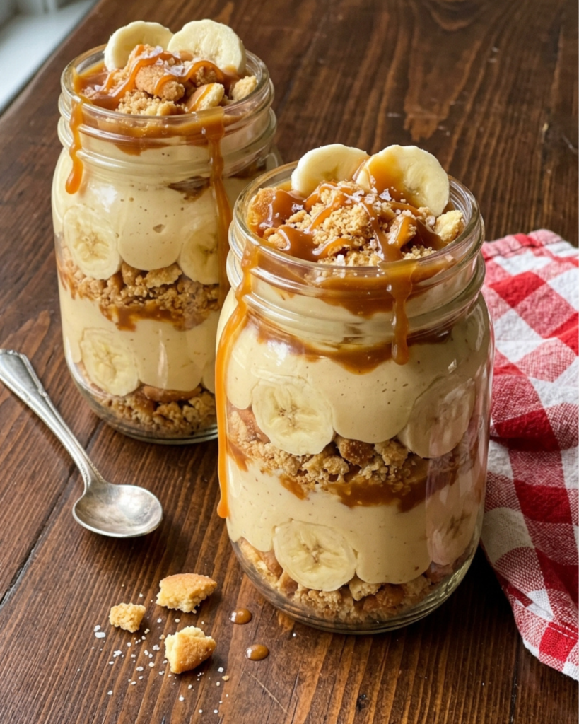 Banana pudding with salted caramel and vanilla wafer crumble in mason jars.