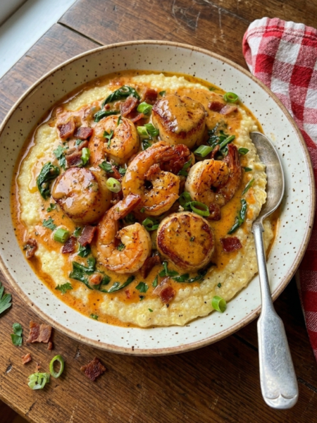 Cajun shrimp and scallops over creamy parmesan grits with buttery cream sauce.