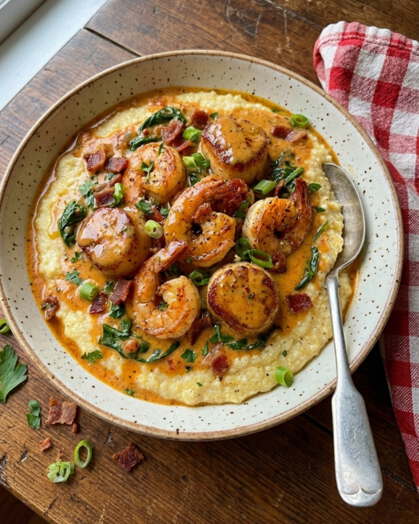 Cajun shrimp and scallops over creamy parmesan grits with buttery cream sauce.