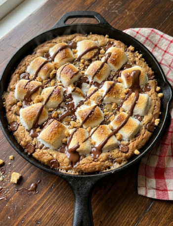 Warm s’mores cookie skillet with toasted marshmallows and melted chocolate drizzle.