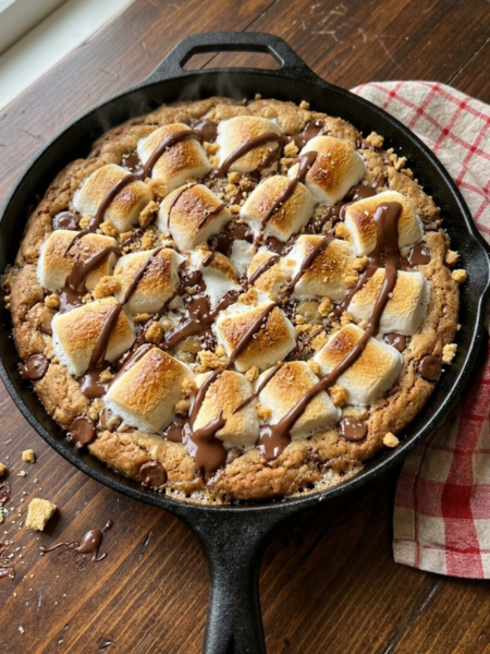 Warm s’mores cookie skillet with toasted marshmallows and melted chocolate drizzle.