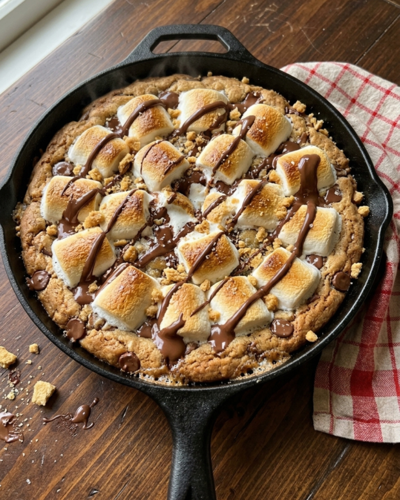 Warm s’mores cookie skillet with toasted marshmallows and melted chocolate drizzle.