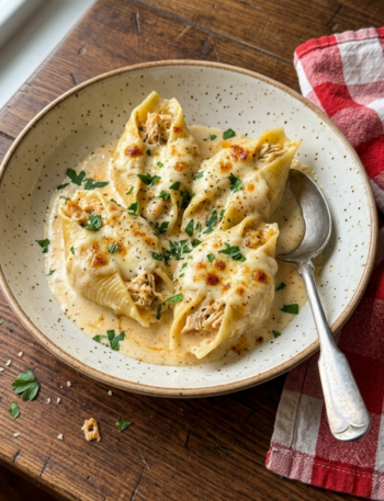 Creamy Cajun Chicken Alfredo Stuffed Shells plated with rich garlic parmesan Alfredo sauce and bubbling mozzarella cheese.