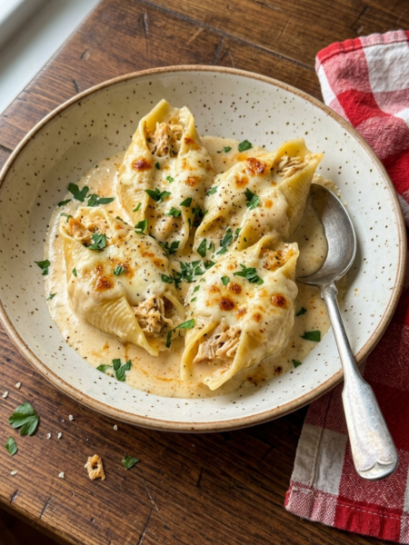 Creamy Cajun Chicken Alfredo Stuffed Shells plated with rich garlic parmesan Alfredo sauce and bubbling mozzarella cheese.