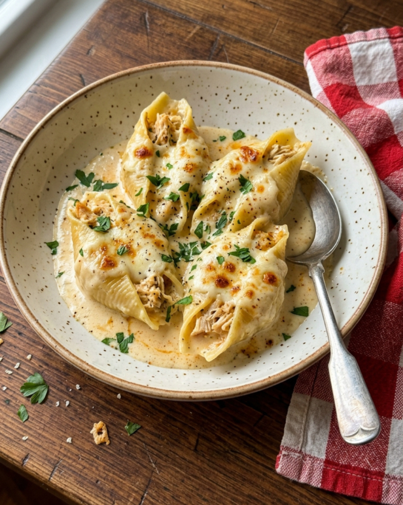 Creamy Cajun Chicken Alfredo Stuffed Shells plated with rich garlic parmesan Alfredo sauce and bubbling mozzarella cheese.