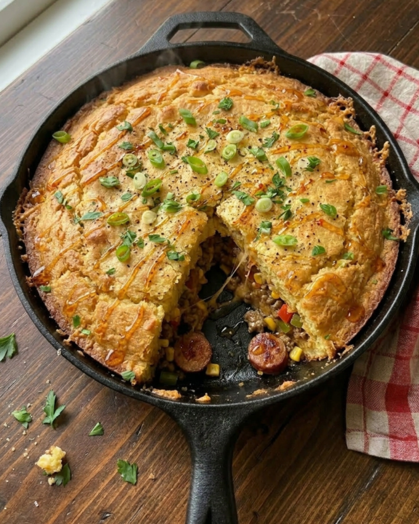 A rustic cast iron skillet filled with homemade Creamy Honey Butter Cornbread Cowboy Casserole baked until deeply golden brown. The casserole features a thick honey butter cornbread topping over a rich filling made with seasoned ground beef, smoky sausage, sweet corn, peppers, melted cheddar cheese, and creamy savory sauce finished with green onions, parsley, and hot honey drizzle.