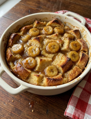 Freshly baked Southern banana foster bread pudding in a cream white ceramic baking dish with caramelized banana slices, glossy brown sugar sauce, golden toasted brioche bread cubes.