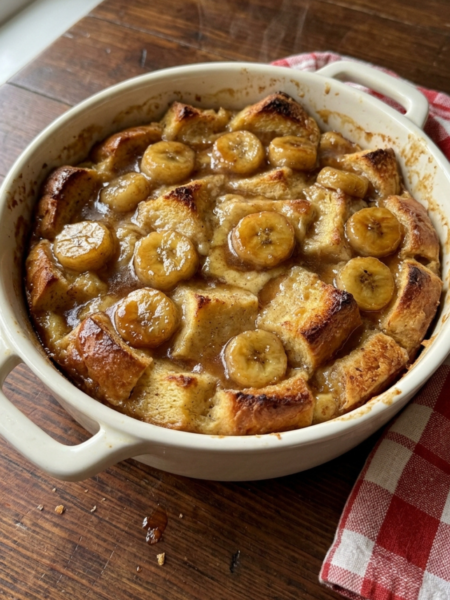 Freshly baked Southern banana foster bread pudding in a cream white ceramic baking dish with caramelized banana slices, glossy brown sugar sauce, golden toasted brioche bread cubes.