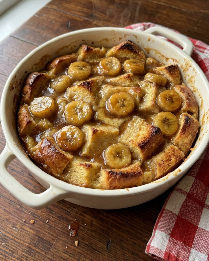 Freshly baked Southern banana foster bread pudding in a cream white ceramic baking dish with caramelized banana slices, glossy brown sugar sauce, golden toasted brioche bread cubes.