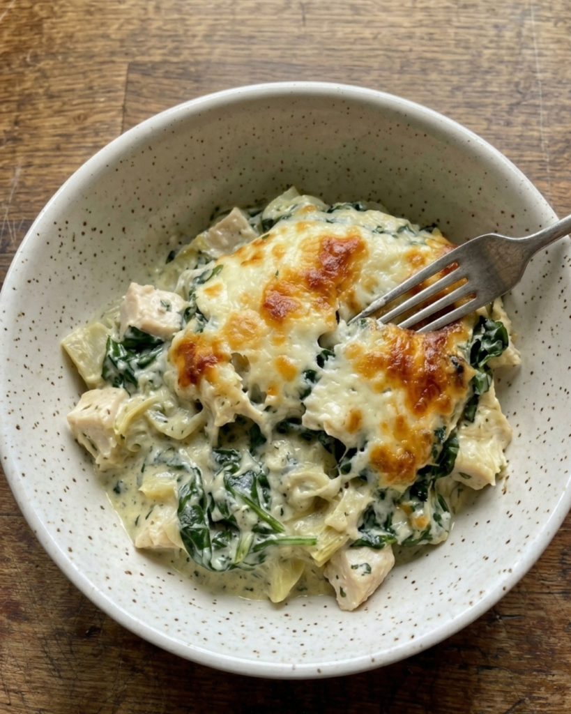 Creamy spinach artichoke chicken bake topped with melted mozzarella cheese in a white casserole dish