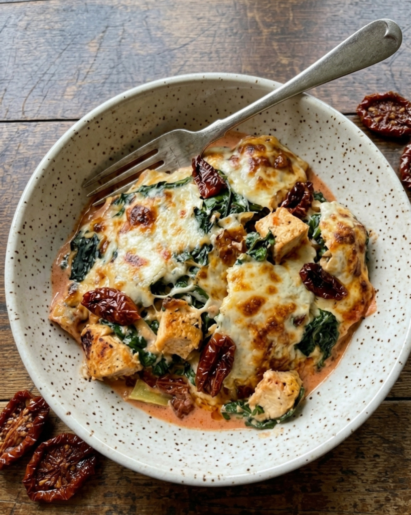 Creamy Tuscan chicken bake with spinach, sun-dried tomatoes, and melted mozzarella cheese in a skillet